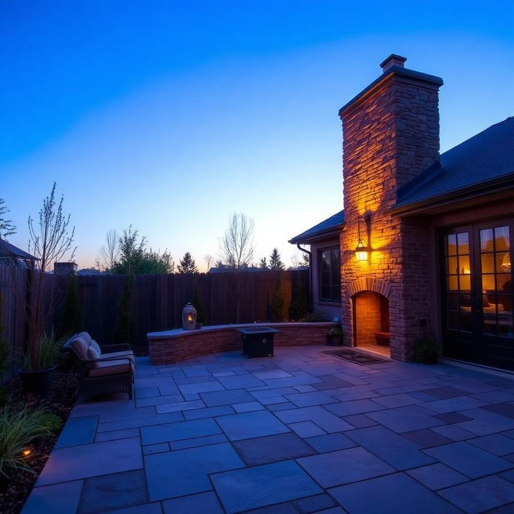 Courtyard bluestone patio with stacked stone feature wall at dusk
