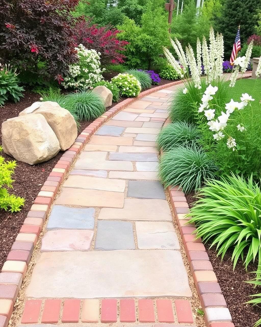 Flagstone garden walkway bordered by brick edging
