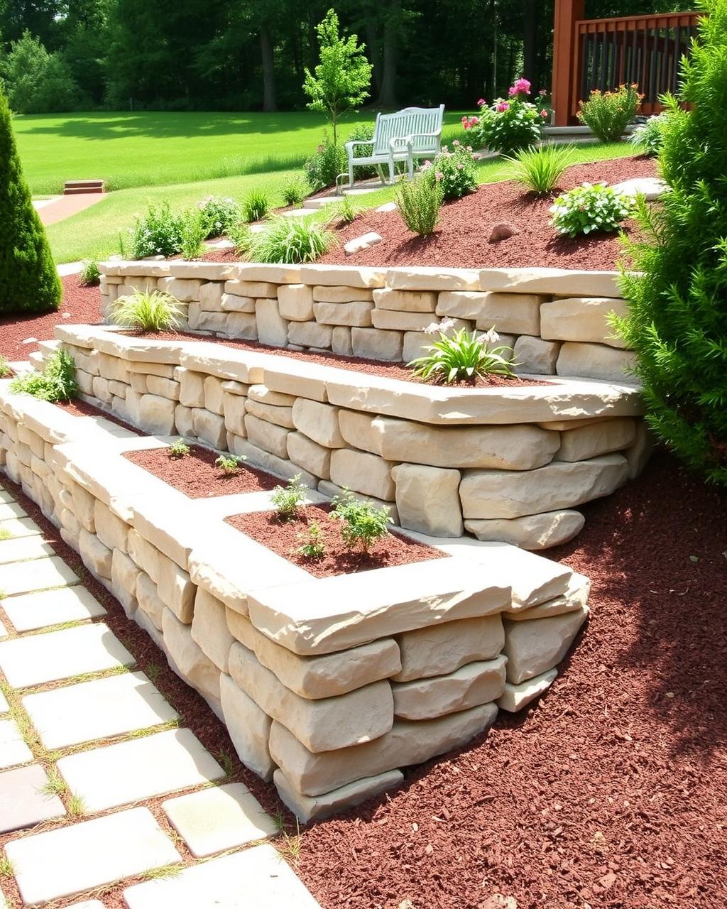 Tiered natural stone retaining wall with planted beds